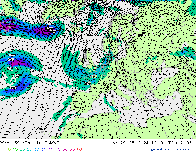 Viento 950 hPa ECMWF mié 29.05.2024 12 UTC