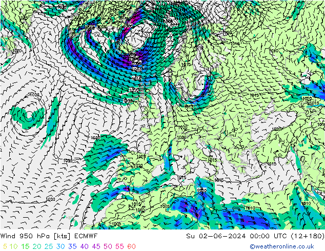 Wind 950 hPa ECMWF Ne 02.06.2024 00 UTC