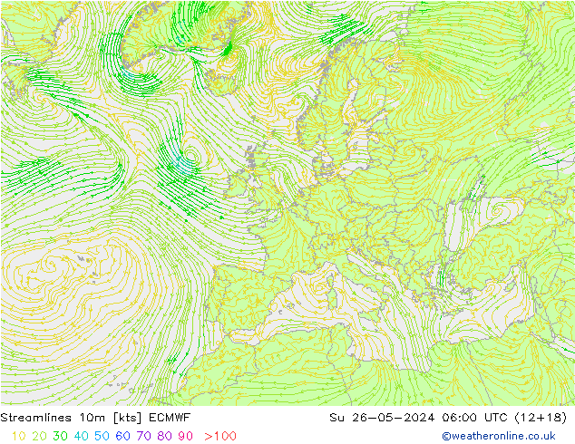 Streamlines 10m ECMWF Su 26.05.2024 06 UTC