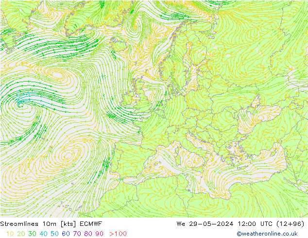 Stroomlijn 10m ECMWF wo 29.05.2024 12 UTC