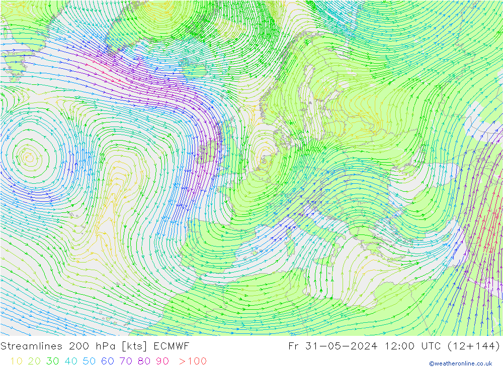 Linia prądu 200 hPa ECMWF pt. 31.05.2024 12 UTC