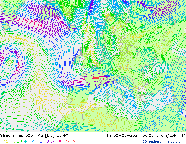 Streamlines 300 hPa ECMWF Th 30.05.2024 06 UTC