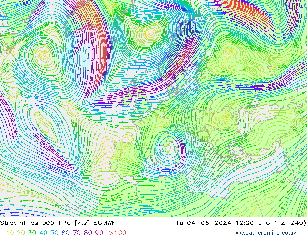 Línea de corriente 300 hPa ECMWF mar 04.06.2024 12 UTC