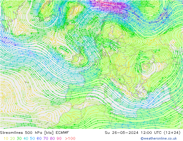 Linea di flusso 500 hPa ECMWF dom 26.05.2024 12 UTC