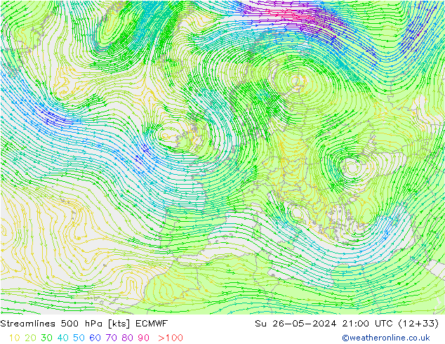 ветер 500 гПа ECMWF Вс 26.05.2024 21 UTC