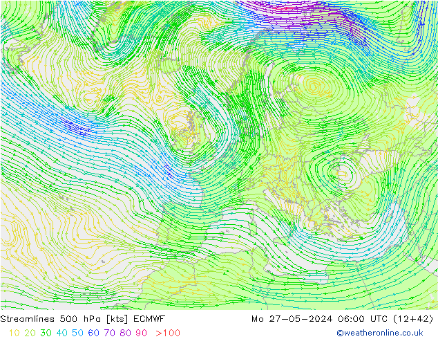 Streamlines 500 hPa ECMWF Po 27.05.2024 06 UTC