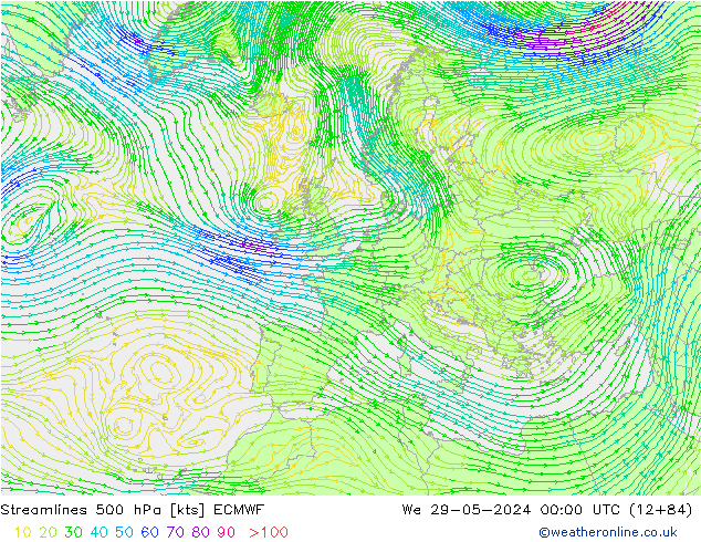 Stromlinien 500 hPa ECMWF Mi 29.05.2024 00 UTC