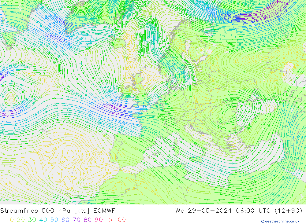Línea de corriente 500 hPa ECMWF mié 29.05.2024 06 UTC