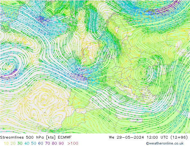 Línea de corriente 500 hPa ECMWF mié 29.05.2024 12 UTC