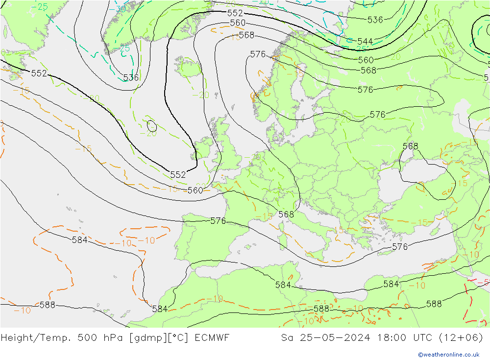 Z500/Rain (+SLP)/Z850 ECMWF сб 25.05.2024 18 UTC