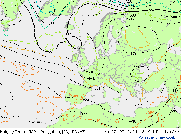 Hoogte/Temp. 500 hPa ECMWF ma 27.05.2024 18 UTC
