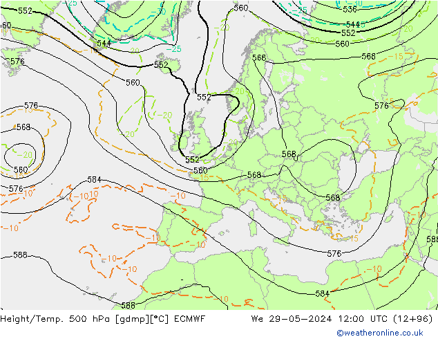 Z500/Rain (+SLP)/Z850 ECMWF mié 29.05.2024 12 UTC