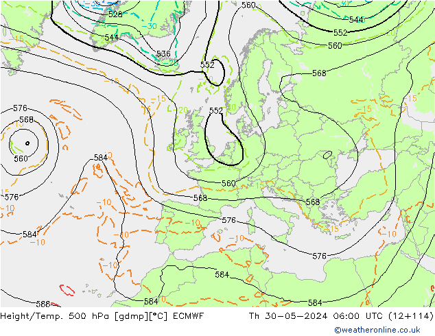 Z500/Rain (+SLP)/Z850 ECMWF Qui 30.05.2024 06 UTC