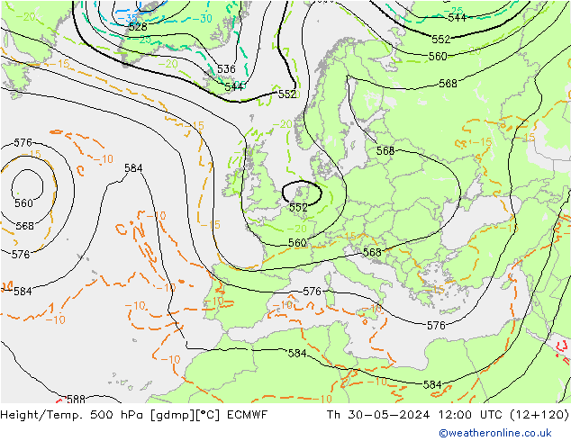 Hoogte/Temp. 500 hPa ECMWF do 30.05.2024 12 UTC