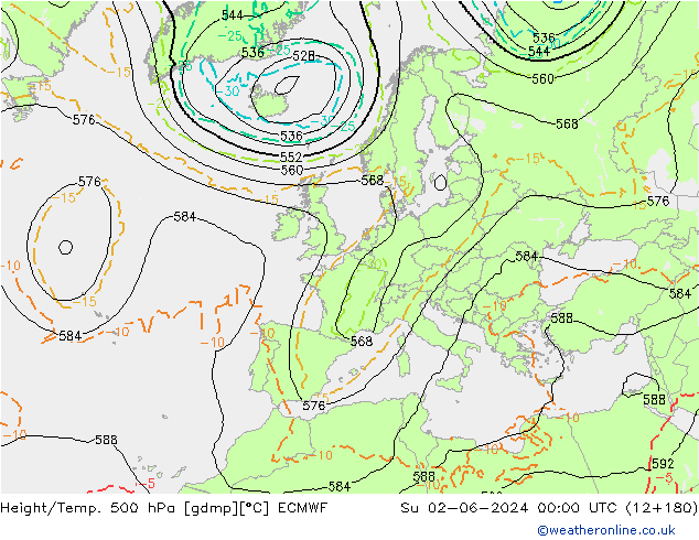 Z500/Regen(+SLP)/Z850 ECMWF zo 02.06.2024 00 UTC