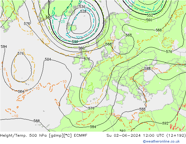 Height/Temp. 500 hPa ECMWF Su 02.06.2024 12 UTC