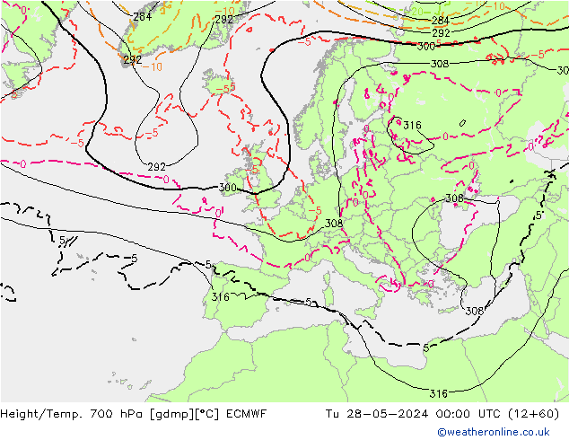 Height/Temp. 700 hPa ECMWF Út 28.05.2024 00 UTC