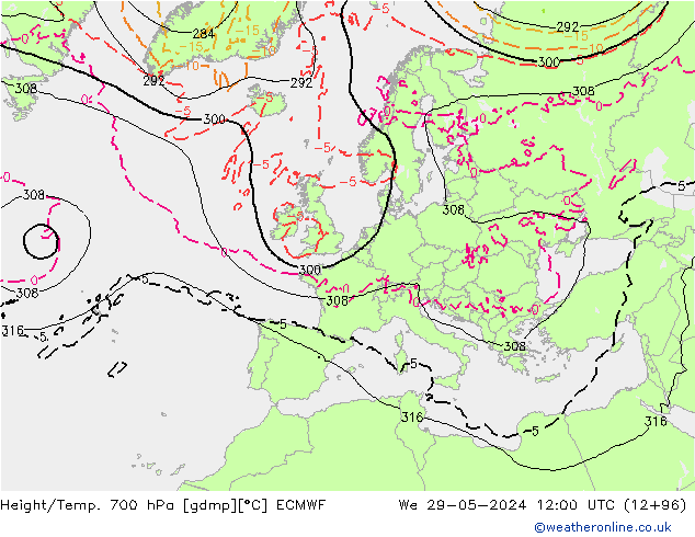 Height/Temp. 700 hPa ECMWF mer 29.05.2024 12 UTC