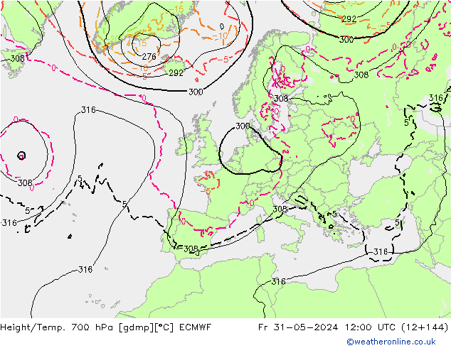 Height/Temp. 700 hPa ECMWF Pá 31.05.2024 12 UTC