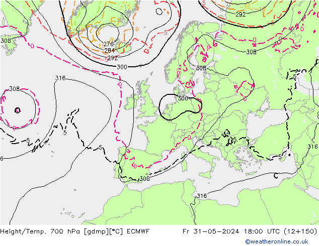 Height/Temp. 700 hPa ECMWF Fr 31.05.2024 18 UTC