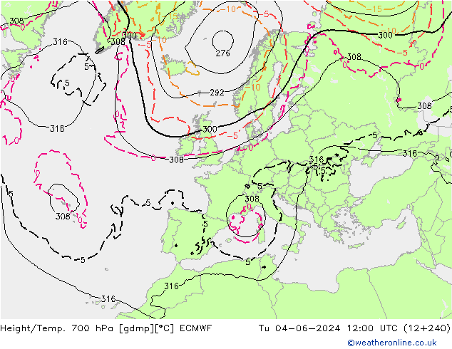 Height/Temp. 700 hPa ECMWF Tu 04.06.2024 12 UTC