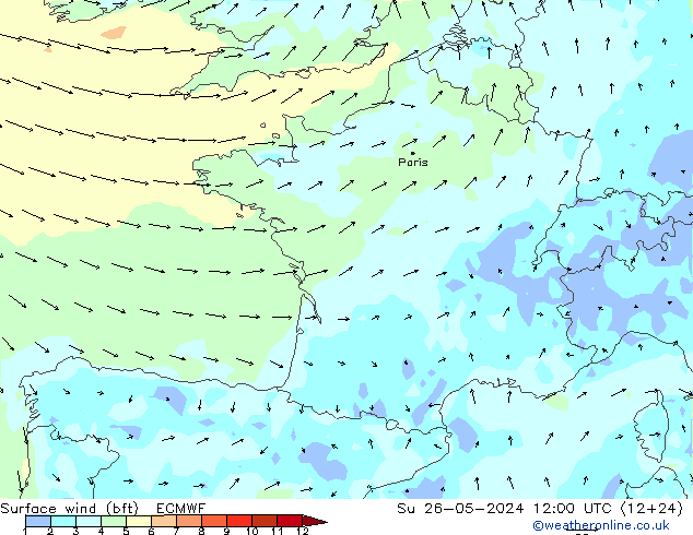 Surface wind (bft) ECMWF Ne 26.05.2024 12 UTC