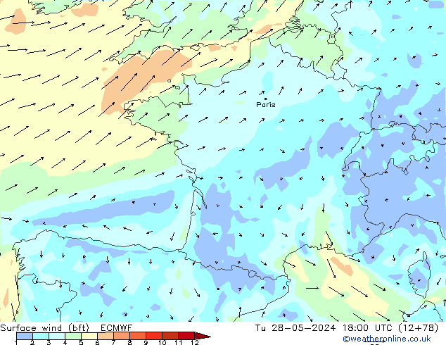 wiatr 10 m (bft) ECMWF wto. 28.05.2024 18 UTC