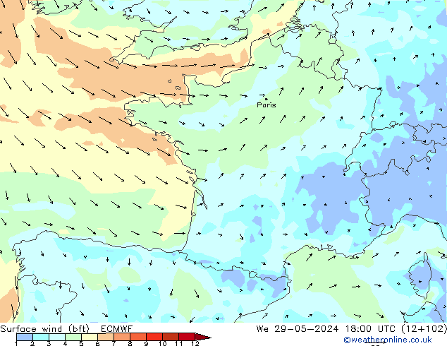 Surface wind (bft) ECMWF We 29.05.2024 18 UTC