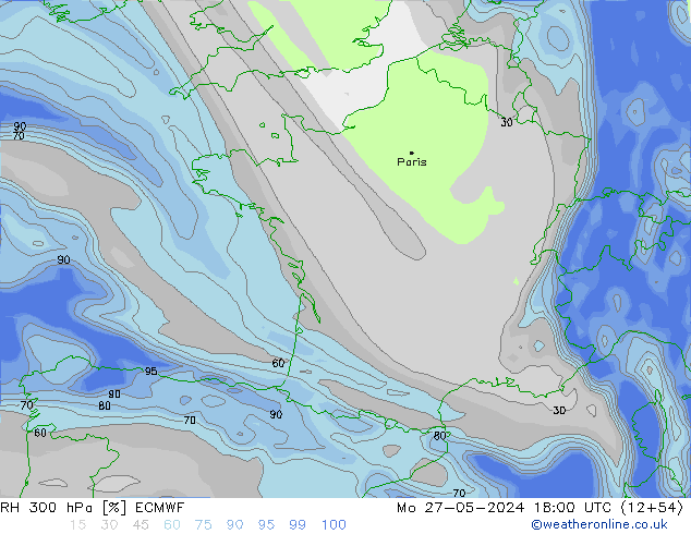 Humidité rel. 300 hPa ECMWF lun 27.05.2024 18 UTC