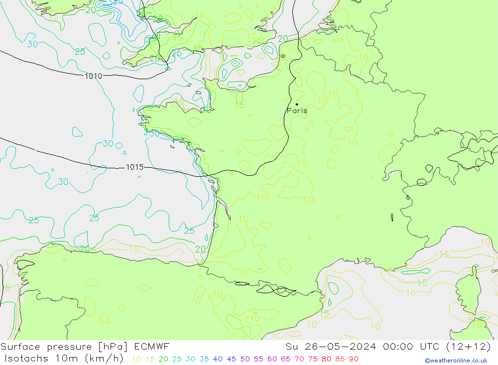 Isotachen (km/h) ECMWF So 26.05.2024 00 UTC