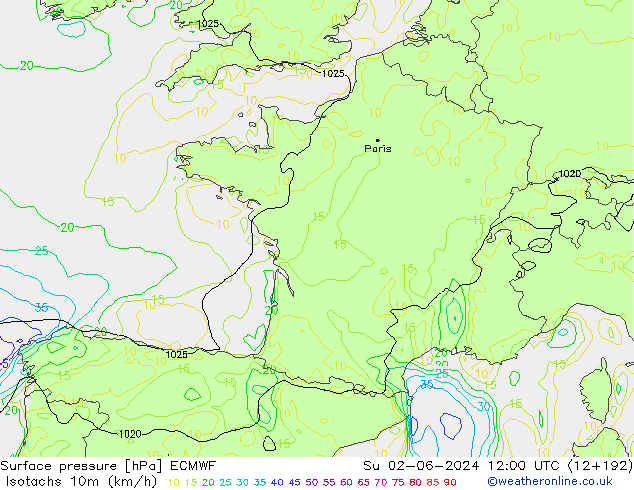 Isotachs (kph) ECMWF Su 02.06.2024 12 UTC