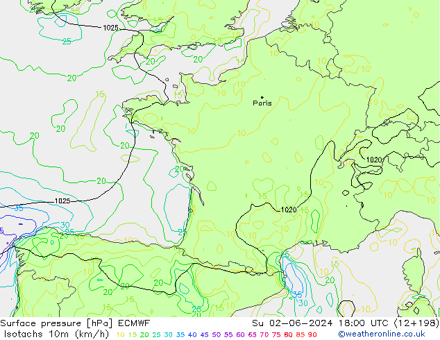 Isotachen (km/h) ECMWF zo 02.06.2024 18 UTC