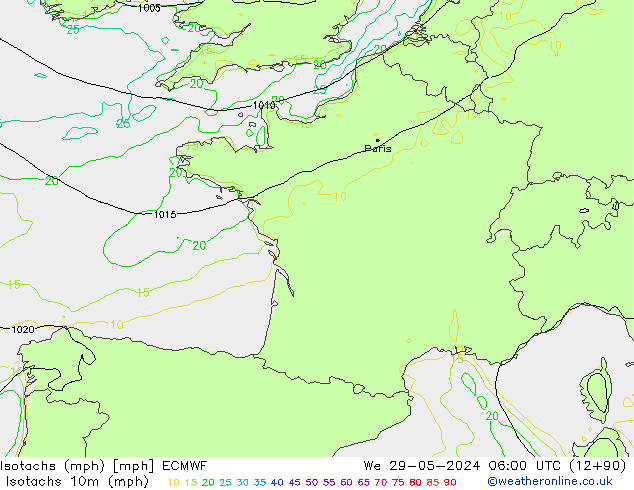 Isotachs (mph) ECMWF mer 29.05.2024 06 UTC