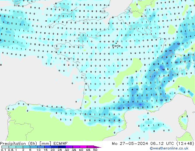 Z500/Rain (+SLP)/Z850 ECMWF lun 27.05.2024 12 UTC