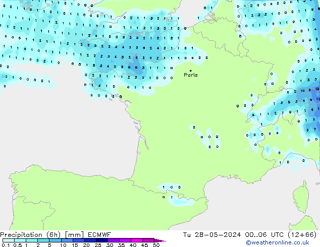 Precipitation (6h) ECMWF Tu 28.05.2024 06 UTC