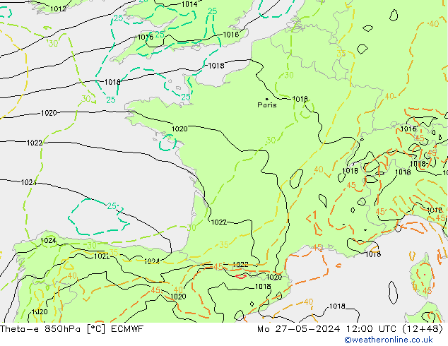 Theta-e 850hPa ECMWF Pzt 27.05.2024 12 UTC