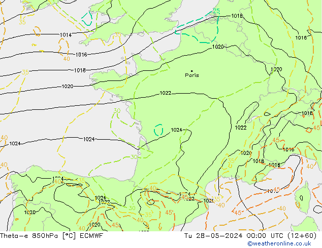 Theta-e 850hPa ECMWF mar 28.05.2024 00 UTC