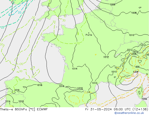 Theta-e 850hPa ECMWF Fr 31.05.2024 06 UTC