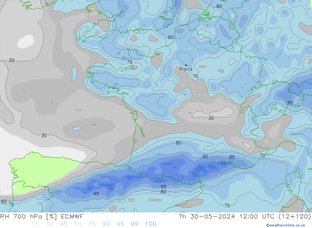 RH 700 hPa ECMWF Th 30.05.2024 12 UTC