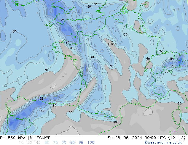 Humidité rel. 850 hPa ECMWF dim 26.05.2024 00 UTC