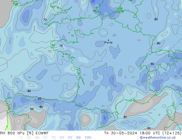 RH 850 hPa ECMWF Qui 30.05.2024 18 UTC