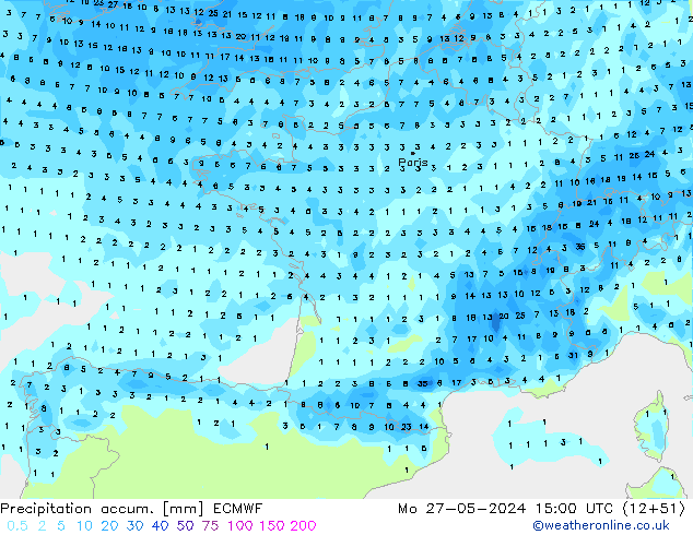 Précipitation accum. ECMWF lun 27.05.2024 15 UTC