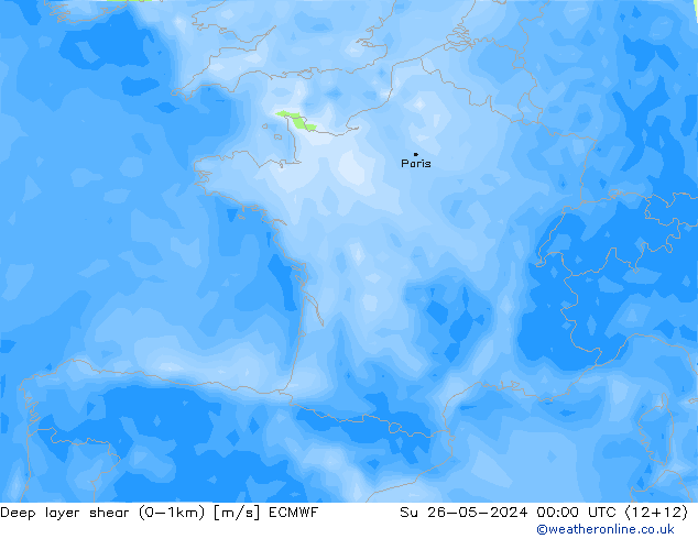 Deep layer shear (0-1km) ECMWF dim 26.05.2024 00 UTC