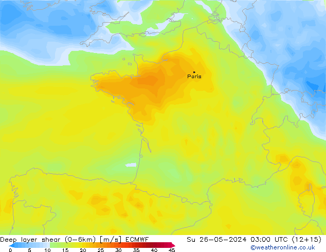 Deep layer shear (0-6km) ECMWF Su 26.05.2024 03 UTC