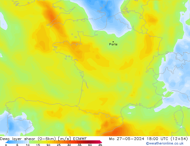 Deep layer shear (0-6km) ECMWF Pzt 27.05.2024 18 UTC