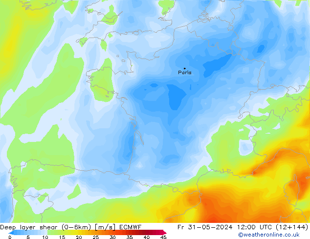 Deep layer shear (0-6km) ECMWF Fr 31.05.2024 12 UTC