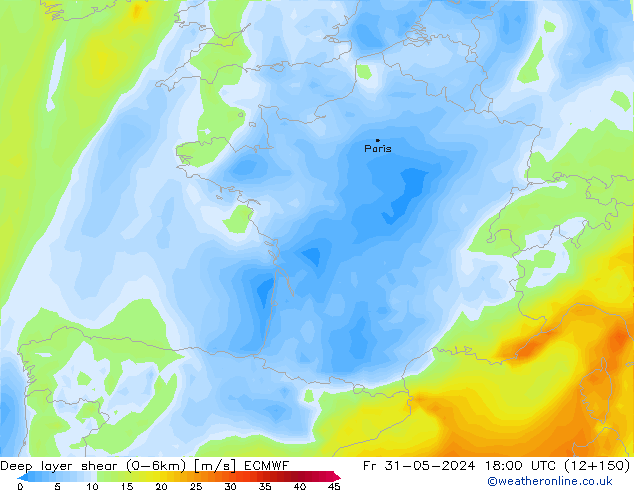 Deep layer shear (0-6km) ECMWF  31.05.2024 18 UTC