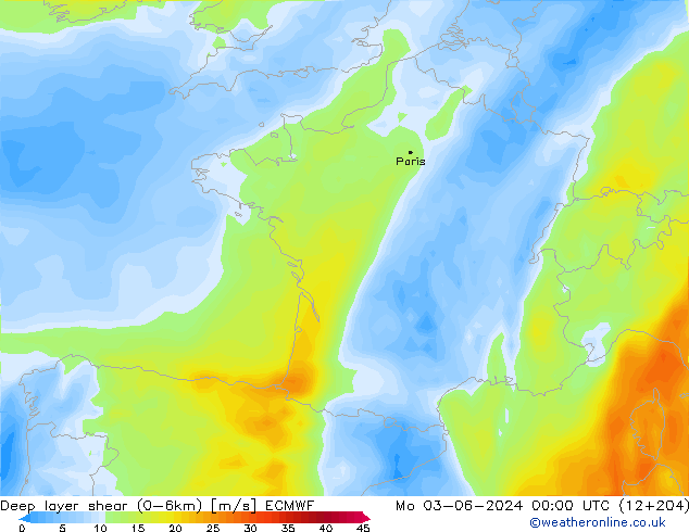 Deep layer shear (0-6km) ECMWF ma 03.06.2024 00 UTC