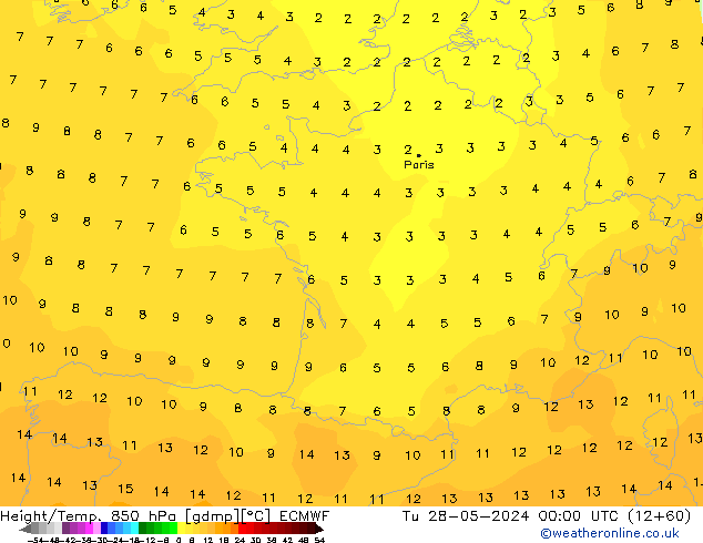 Height/Temp. 850 гПа ECMWF вт 28.05.2024 00 UTC