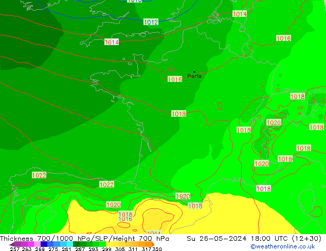 Thck 700-1000 hPa ECMWF Su 26.05.2024 18 UTC